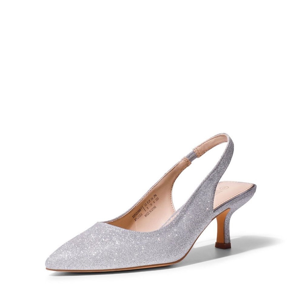 Dream Pairs Silver Glitter Slingback Kitten Heel Pumps